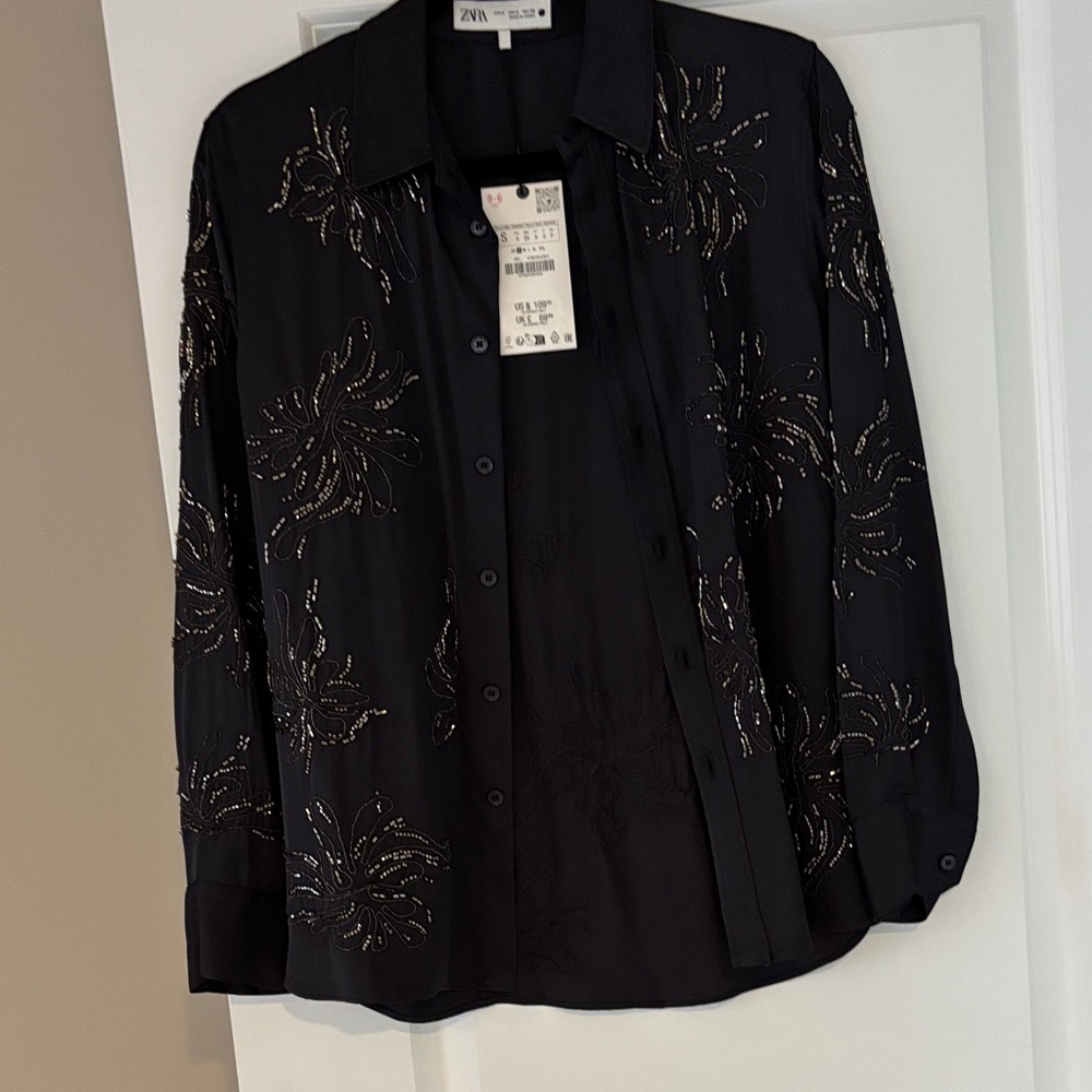 Zara Beaded Button-Up Blouse